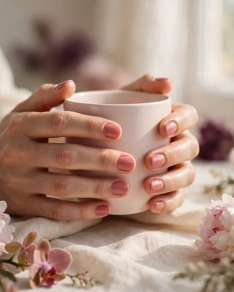 Rose gel nails holding a ceramic cup